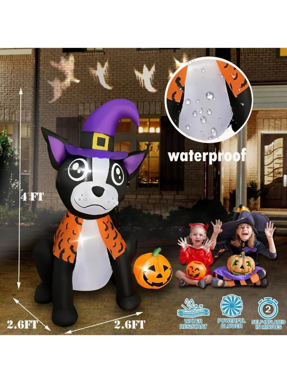 4FT Halloween Inflatable Bulldog with Pumpkin | LED Lighted Yard Decor for